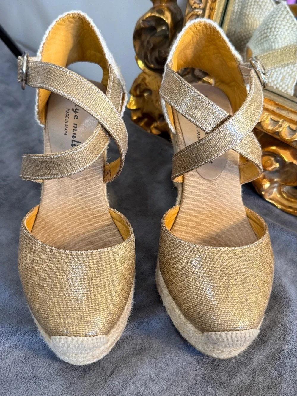 bettye muller Metallic Beige Cross-Strap Espadrille Wedges
